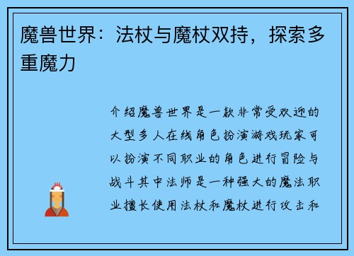 魔兽世界：法杖与魔杖双持，探索多重魔力